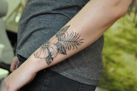 Tattoos - Black and Gray Hibiscus on Forearm- Instagram @michaelbalesart - 121906